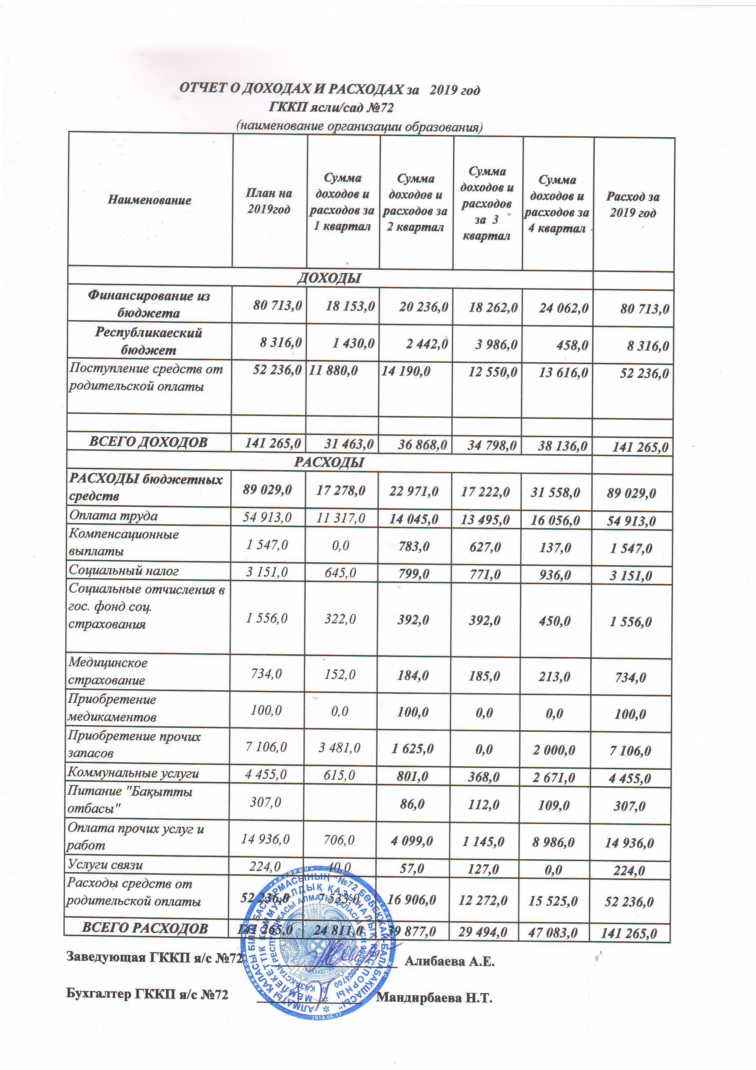 Отчет о доходах и расходах на 2019 год