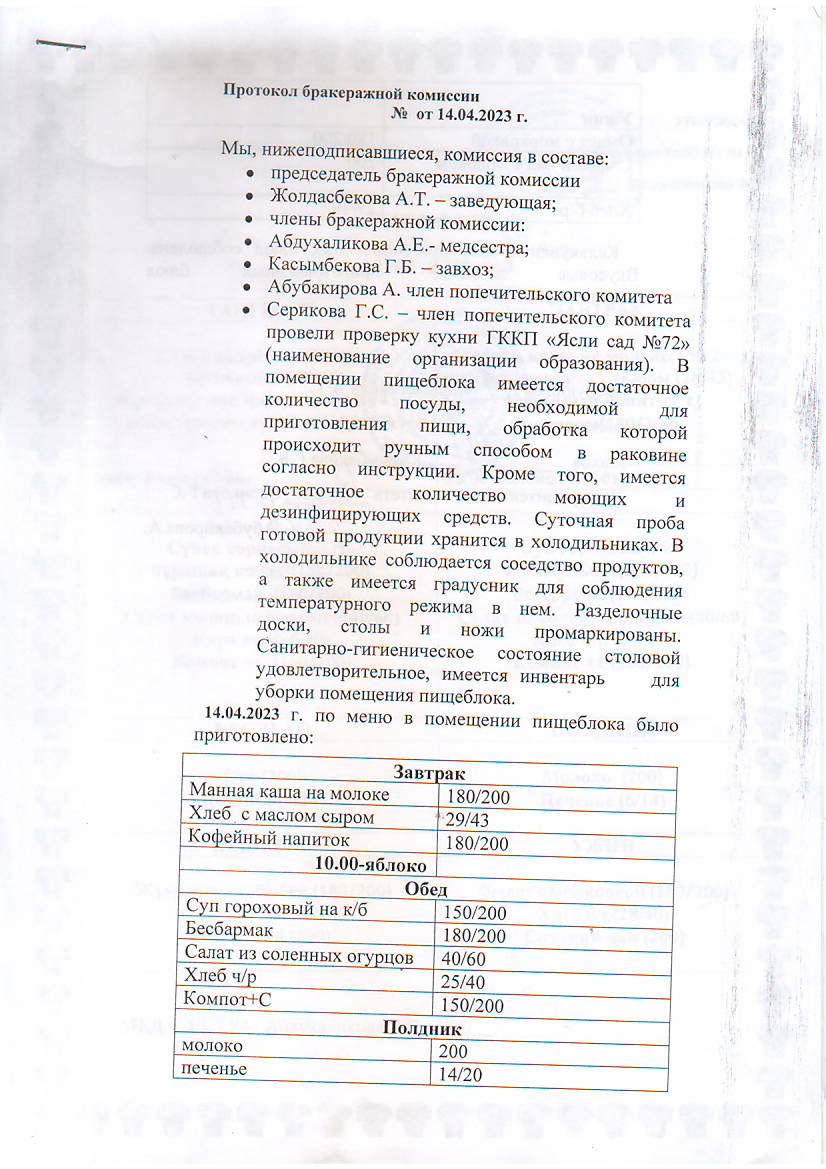 Бракераждық комиссия хаттамасы